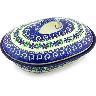 Polish Pottery Baker with Cover 10&quot; Blue Daisy Swirls