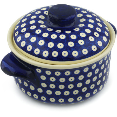 Polish Pottery Baker with Cover 10&quot; Blue Eyed Peacock