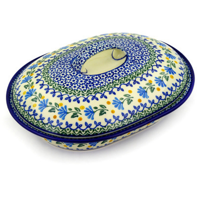 Polish Pottery Baker with Cover 10&quot; Blue Fan Flowers