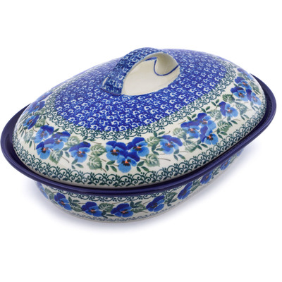 Polish Pottery Baker with Cover 10&quot; Blue Pansy