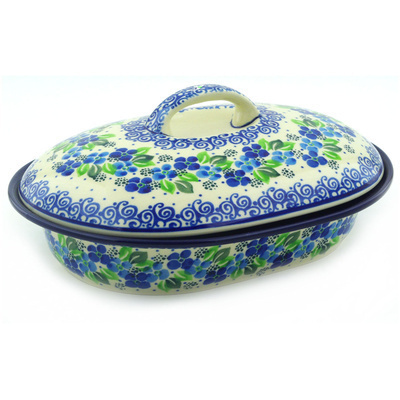 Polish Pottery Baker with Cover 10&quot; Blue Phlox