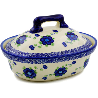 Polish Pottery Baker with Cover 10&quot; Blue Poppies