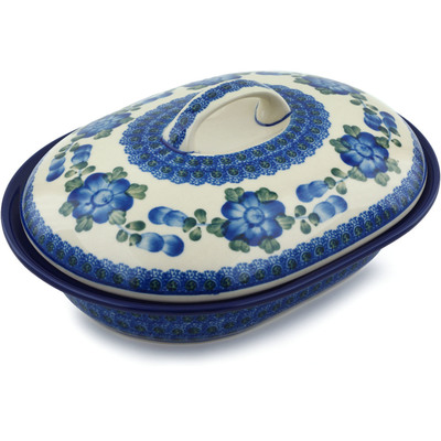 Polish Pottery Baker with Cover 10&quot; Blue Poppies