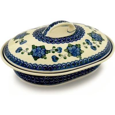 Polish Pottery Baker with Cover 10&quot; Blue Poppies