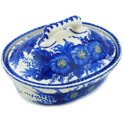 Polish Pottery Baker with Cover 10&quot; Blue Poppy Dream