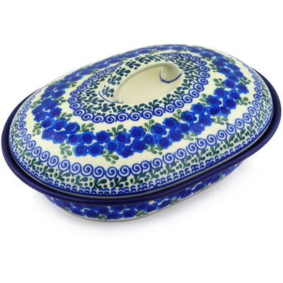 Polish Pottery Baker with Cover 10&quot; Blue Poppy Wreath
