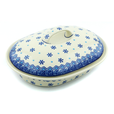 Polish Pottery Baker with Cover 10&quot; Blue Snowflake