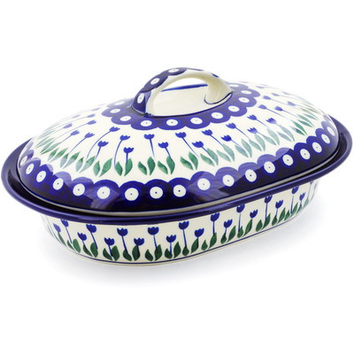 Polish Pottery Baker with Cover 10&quot; Blue Tulip Peacock