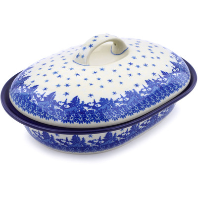 Polish Pottery Baker with Cover 10&quot; Blue Winter