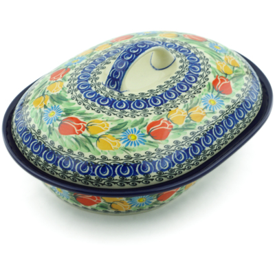 Polish Pottery Baker with Cover 10&quot; Breathtaking Tulips UNIKAT