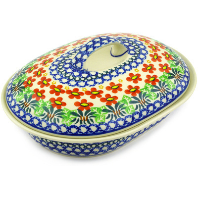 Polish Pottery Baker with Cover 10&quot; Buenos Dias