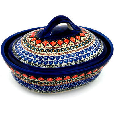 Polish Pottery Baker with Cover 10&quot; Coral Diamonds UNIKAT