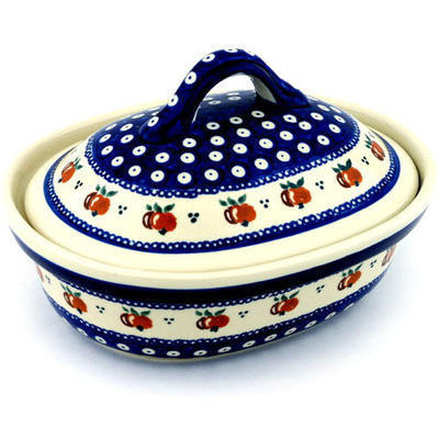 Polish Pottery Baker with Cover 10&quot; Country Apple Peacock