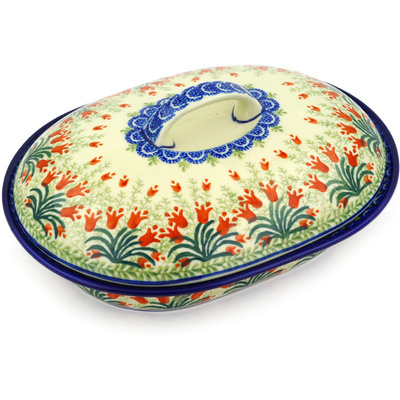 Polish Pottery Baker with Cover 10&quot; Crimson Bells