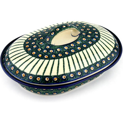 Polish Pottery Baker with Cover 10&quot; Emerald Peacock