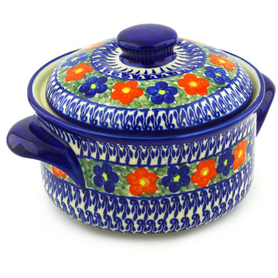 Polish Pottery Baker with Cover 10&quot; Floral Burst