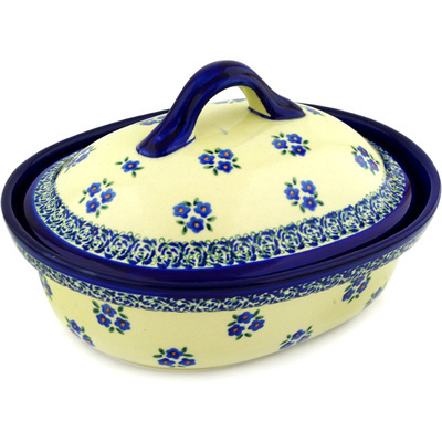 Polish Pottery Baker with Cover 10&quot; Forget Me Not Dots