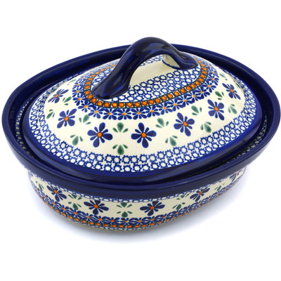 Polish Pottery Baker with Cover 10&quot; Gangham Flower Chain