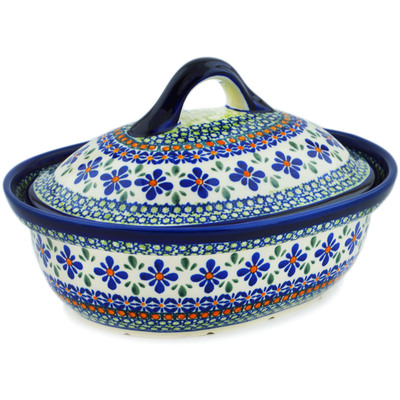 Polish Pottery Baker with Cover 10&quot; Gingham Flowers