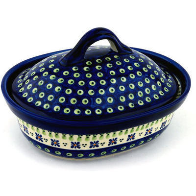 Polish Pottery Baker with Cover 10&quot; Green Gingham Peacock