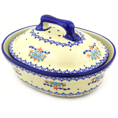 Polish Pottery Baker with Cover 10&quot; Hearts And Flowers