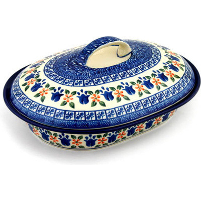 Polish Pottery Baker with Cover 10&quot; Holland Tulips