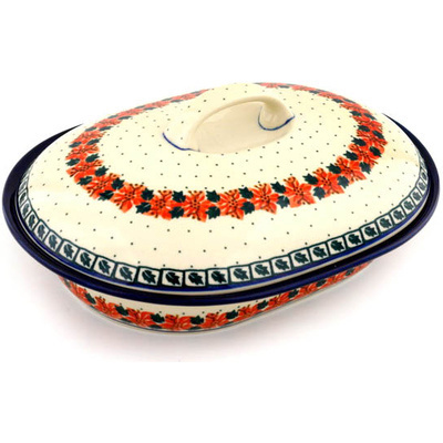 Polish Pottery Baker with Cover 10&quot; Holly Wreath