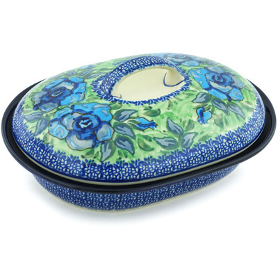 Polish Pottery Baker with Cover 10&quot; Matisse Flowers Cobalt UNIKAT
