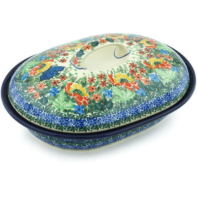 Polish Pottery Baker with Cover 10&quot; Mosaic Butterfly UNIKAT