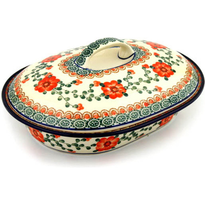 Polish Pottery Baker with Cover 10&quot; Orange Poppies