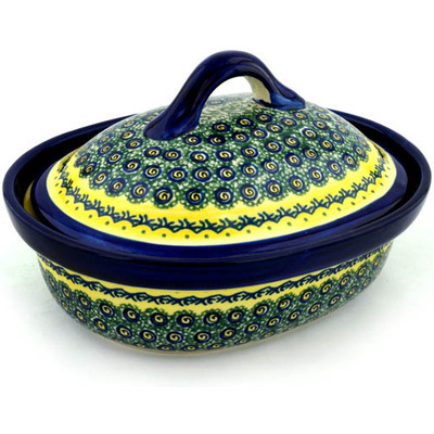 Polish Pottery Baker with Cover 10&quot; Peacock Bumble Bee