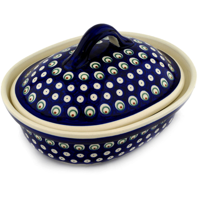 Polish Pottery Baker with Cover 10&quot; Peacock Eyes