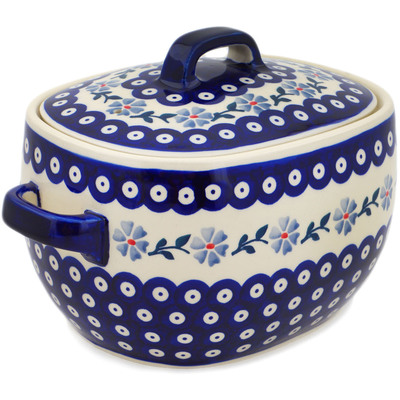 Polish Pottery Baker with Cover 10&quot; Peacock Forget-me-not