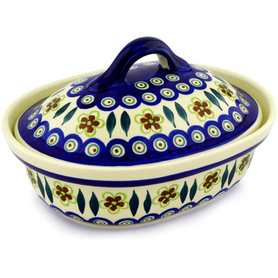 Polish Pottery Baker with Cover 10&quot; Peacock Garden