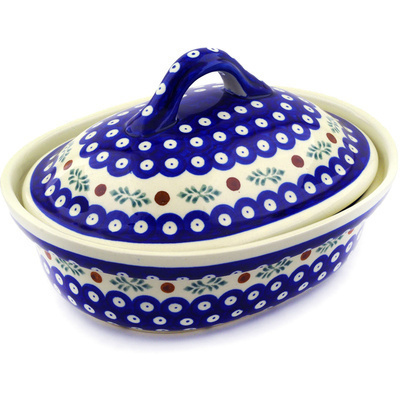 Polish Pottery Baker with Cover 10&quot; Peacock Hollies