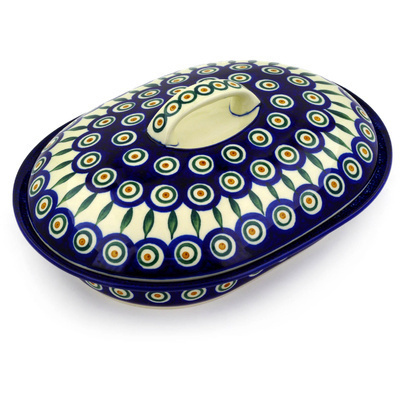 Polish Pottery Baker with Cover 10&quot; Peacock Leaves