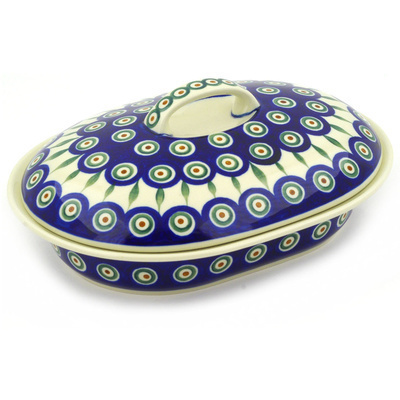 Polish Pottery Baker with Cover 10&quot; Peacock Leaves