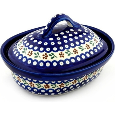 Polish Pottery Baker with Cover 10&quot; Red Daisy Peacock