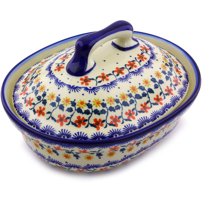 Polish Pottery Baker with Cover 10&quot; Red Sunflower