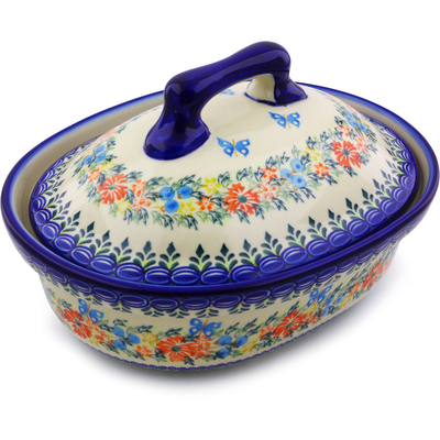 Polish Pottery Baker with Cover 10" Ring Of Flowers UNIKAT