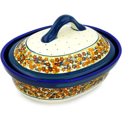 Polish Pottery Baker with Cover 10&quot; Russett Floral