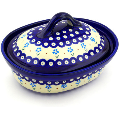 Polish Pottery Baker with Cover 10&quot; Sky Blue Daisy