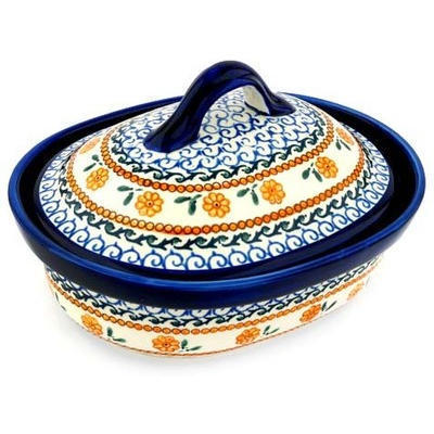 Polish Pottery Baker with Cover 10&quot; Sunflower Waves