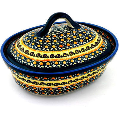 Polish Pottery Baker with Cover 10&quot; Western Sunrise