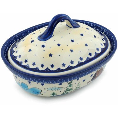 Polish Pottery Baker with Cover 10&quot; Winter Chalet