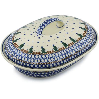 Polish Pottery Baker with Cover 10&quot; Winter Evergreen
