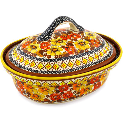 Polish Pottery Baker with Cover 12&quot; Autumn Glow UNIKAT