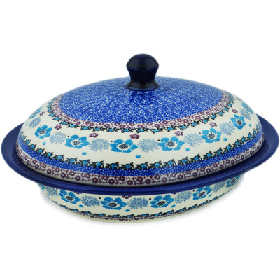 Polish Pottery Baker with Cover 12&quot; Blooming Blues