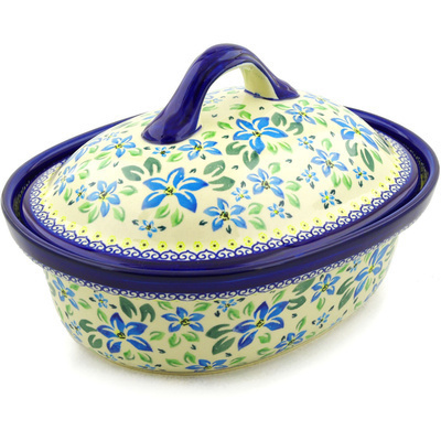 Polish Pottery Baker with Cover 12&quot; Blue Clematis