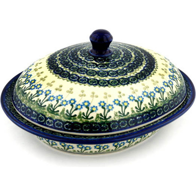 Polish Pottery Baker with Cover 12&quot; Blue Daisy Circle